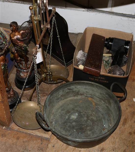 Brass scales, spelter figures, stove etc